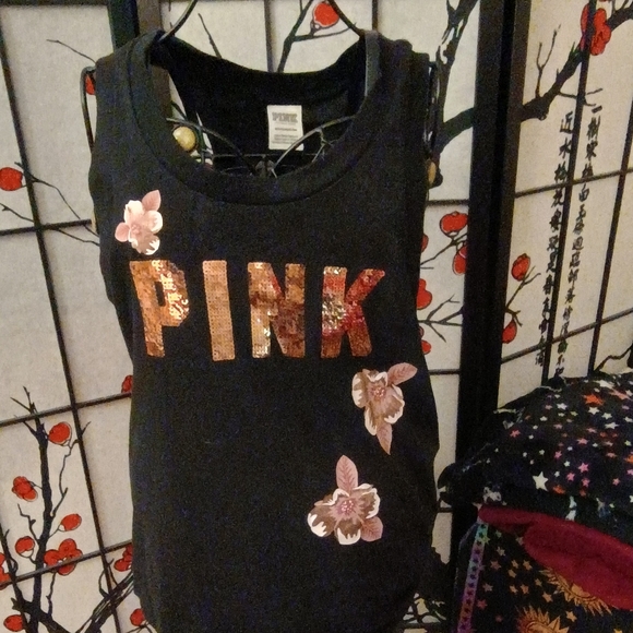 PINK Victoria's Secret Tops - PINK Victoria's Secret Black Tank Top with Floral and Sequin Accents XS